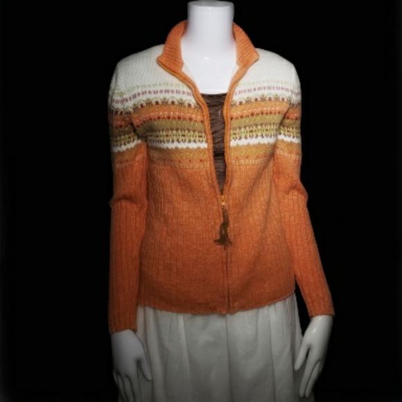 Vintage 90s Tiara International Apricot and Sage Fair Isle Zip Sweater - Picture 4 of 8